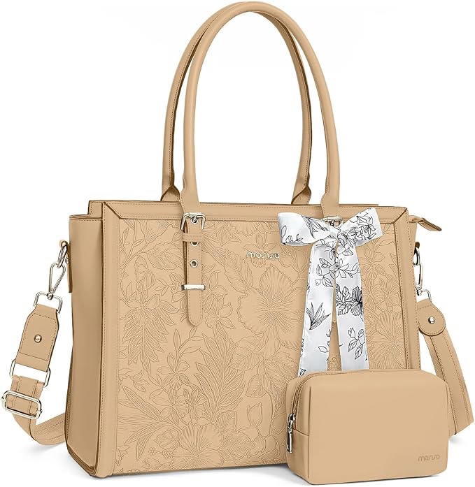 MOSISO Laptop Bag for Women, 17-17.3 inch PU Leather Tote Bag Compatible with MacBook, HP, Dell, Asus Notebook, Front Embossed Retro Hibiscus Computer Bags with Silk Scarf&Clutch Purse, Apricot