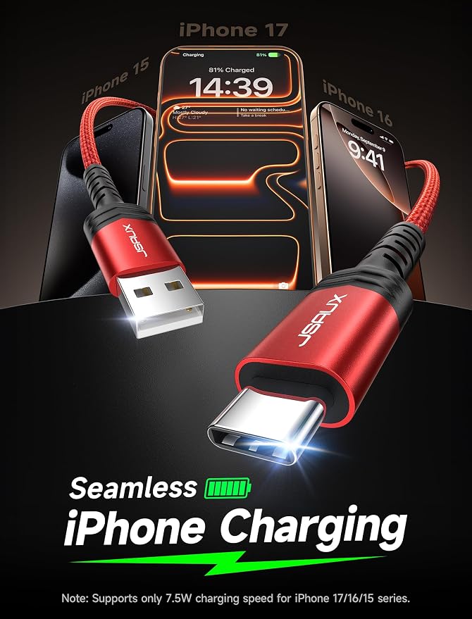JSAUX USB C Cable [2-Pack 15ft], USB A to USB Cord Fast Charging for iPhone Air, iPhone 17, iPhone 17 Pro, iPhone 17 Pro Max, iPhone 16/iPhone 15 Series, Samsung S20 S10, Note 20 10, Car Play - Red