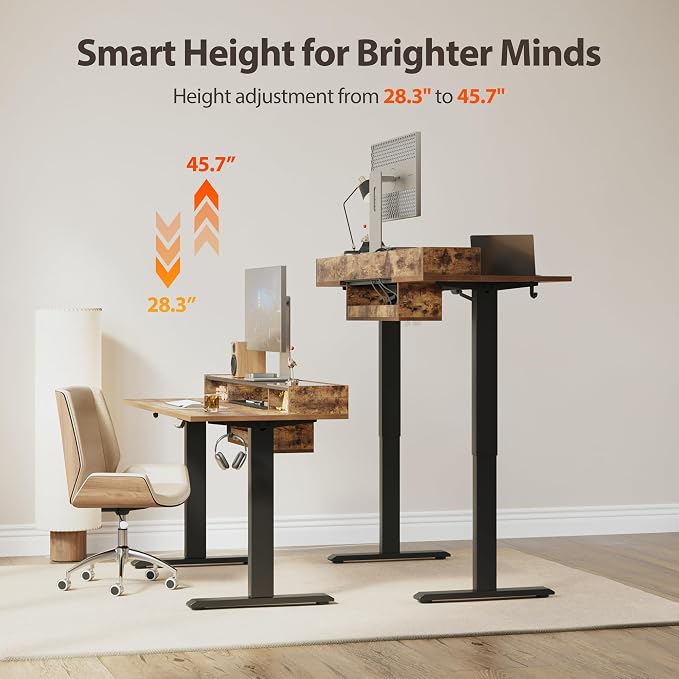 Agilestic Glass Standing Desk with Storage, 48 Inch Electric Adjustable Desk with Glass Shelf and Cable Management, Sit Stand Up Home Office Computer Table, Splice Board, Rustic Brown
