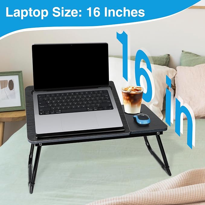 Laptop Bed Desk, Adjustable Lap Desk, Small Laptop Table with USB Charge Port, Desktop Card &Pen Slot, Cup Holder, Foldable Bed Tray Table for Couch Sofa Chair Floor Eating Working