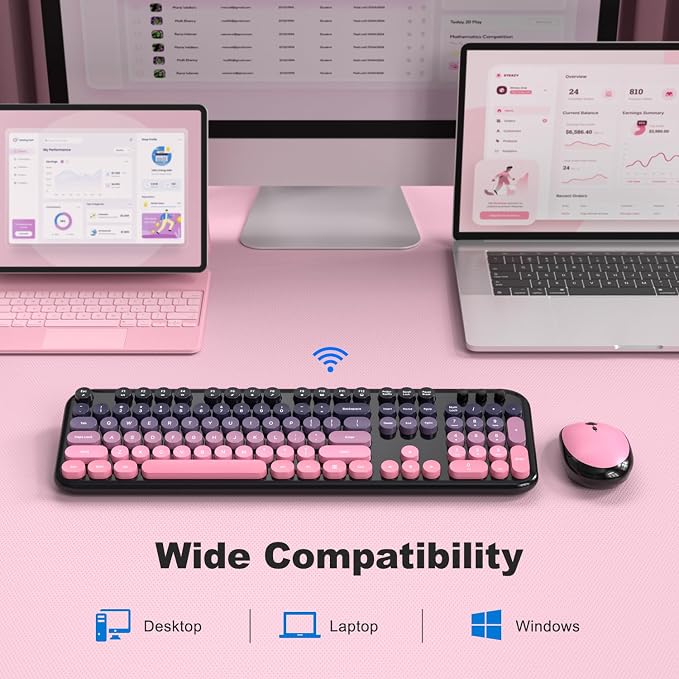 MOFII Wireless Keyboard and Mouse Combo, 2.4GHz Retro Typewriter Keyboard Full Size, Quiet Click Mouse, USB Receiver Plug and Play, for PC, Laptop, Desktop, Windows (Plum Pink Gradient)