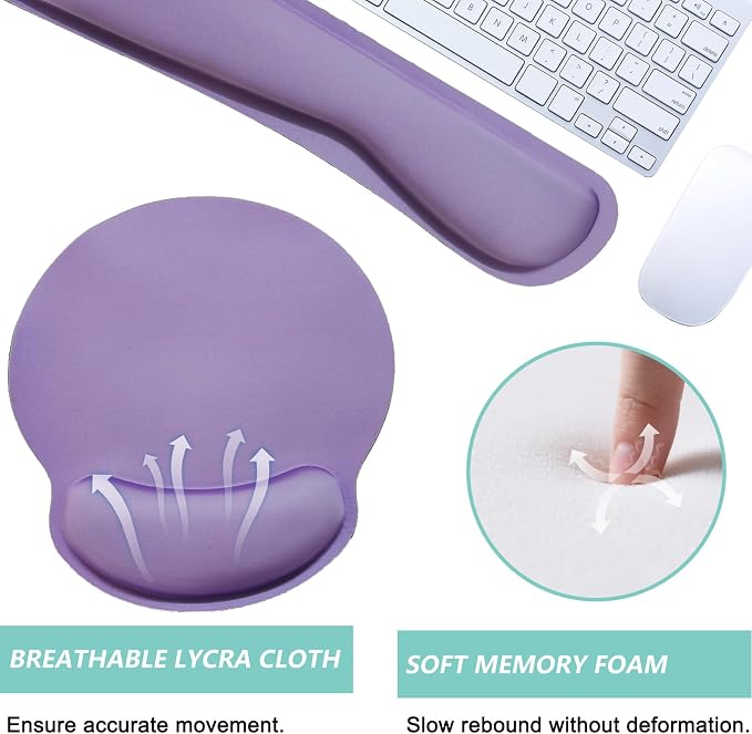 Keyboard Wrist Rest Pad Mouse Pad with Wrist Support Set of 3, Mousepad with Non-Slip Rubber Base, Ergonomic Memory Foam Mouse Wrist Cushion Support for Home Office Laptop Computer Gaming, Purple