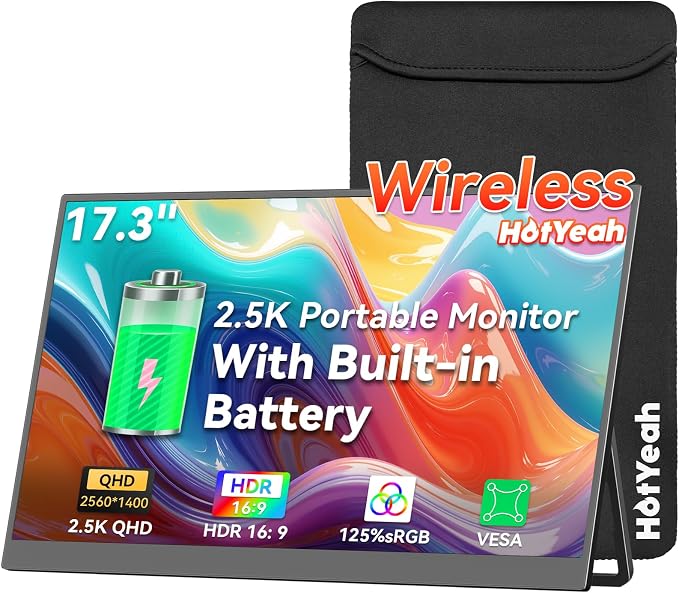 HotYeah 17.3" 2.5K Wireless Portable Monitor, Support AirPlay Miracast, 2560×1440P IPS USB-C HDMI External Monitor, 2nd Screen for Laptop MacBook PC Phone Tablet, w/Built-in Battery(3-4H)