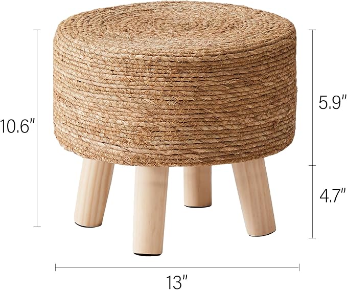 Cpintltr Foot Stool Natural Seagrass Hand Weave Poufs Round Ottoman for Couch Desk Soft Step Stool Padded Foot Rest with Non-Skid Pine Legs for Hallway Office Lounge Natural