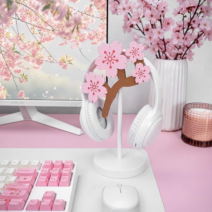 Yookeer Pink Cherry Headphone Stand Cute Headphone Stand Decorative Sakura Wood Desk Decor for Gamer Room Office Desk Gaming Gifts for Girlfriend Office Worker