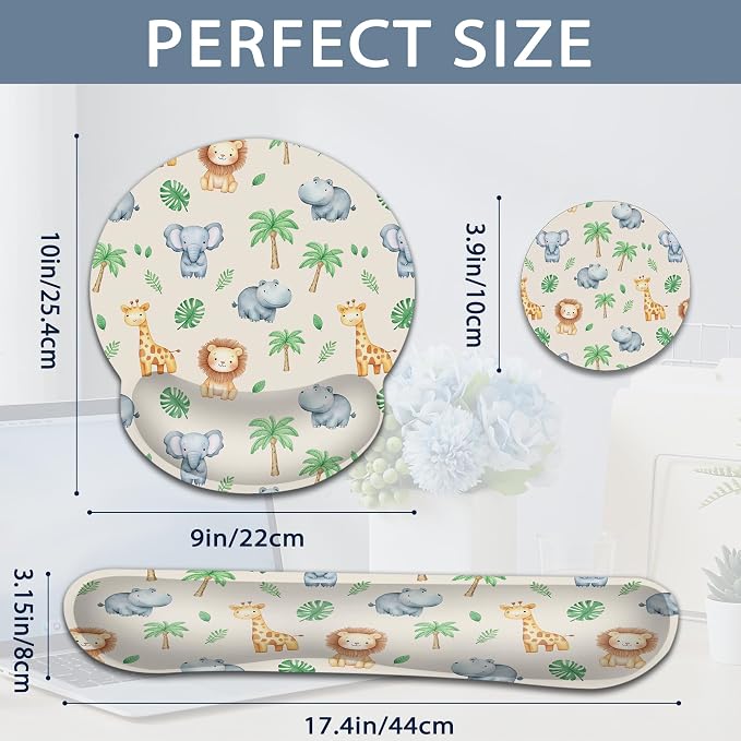 Cute Animals Ergonomic Keyboard and Mouse Wrist Rest Set, Lions Giraffes Elephants Mouse Pad with Non Slip Base, Soft Cloth Surface for Office and Home Typing Support