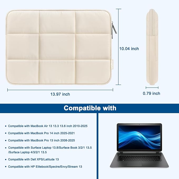 MOSISO Laptop Case 13.3 inch, 13-13.3 inch Puffy Laptop Sleeve Compatible with MacBook Air 13 13.6/Pro 13/Pro 14, HP Dell ASUS Lenovo, Rectangle Quilted Puffer Computer Bag for Women, Sand