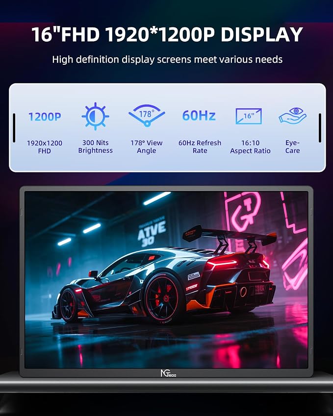 NGTeco 16" Extended Monitor Portable 1200P IPS, 360° Foldable Stand, USB-C HDMI Plug&Play, Built-in Speakers, Laptop Screen Extender for PC/Mac/Phone/Xbox/Switch