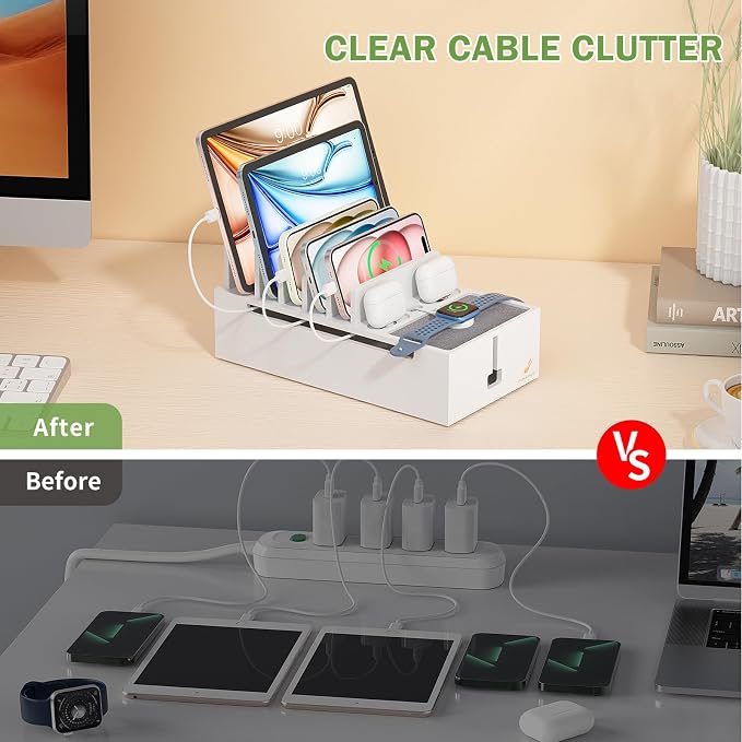 Pezin & Hulin Bamboo Charging Dock Station for Electronic Devices, Docking Organizer for Phone and Tablets, Smart Watch, Earbuds, Power Strip Box (Included 5-Port USB Charger and 6 Cables) -White