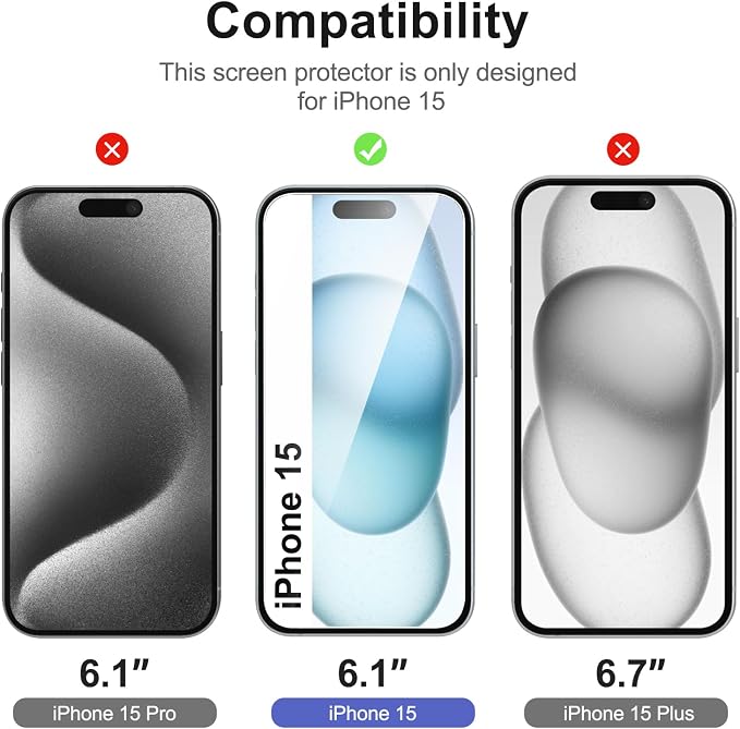 NEW'C 3x for iPhone 15 Screen Protector (6.1 inches)+ 3x Camera Lens Protector, Sensor Protection, Case Friendly Tempered Glass Film + Dust Plug- Easy installation tool include