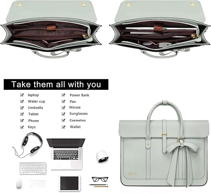 MOSISO Laptop Bag for Women, 13-14 inch PU Leather Laptop Shoulder Bags Convertible Backpack, 13.3 inch Messenger Bags Casual Handbag Work Briefcase Travel Computer Bag with Bowknot, Sage Green