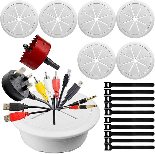6 Pack TV Cord Hider for Wall Mounted TV, 2-3/8"(60mm) in Wall Cable Management Kit, Includes 6 White Pass Throughs, 1 Hole Saw Drill Attachment & 10 Cable Ties for Easy Install