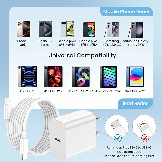 iPhone Charger Fast Charging, 3-Pack 20W Apple USB C Charger Block for iPhone 17 16 15 Charger with 60W USB C Cable Cord 6FT for iPhone 17 Pro Max/17 Air/16/15/Air/iPad/Galaxy/Pixel/Travel & Home Use