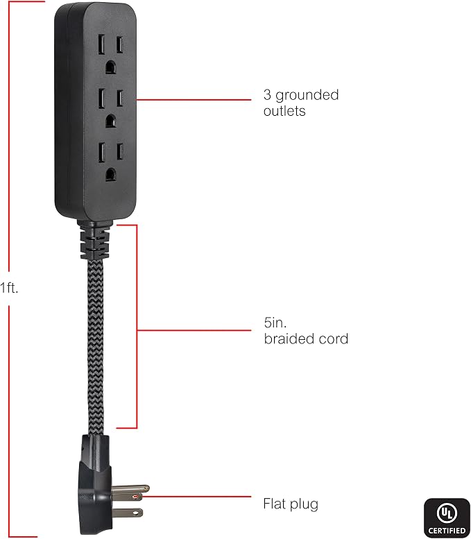 GE 3-Outlet Power Strip Mini Extension Cord with Multiple Outlets 5 Inch Braided Short Cord Extension Cord Grounded Flat Plug Extension Cord ETL Listed 2 Pack Black 53240