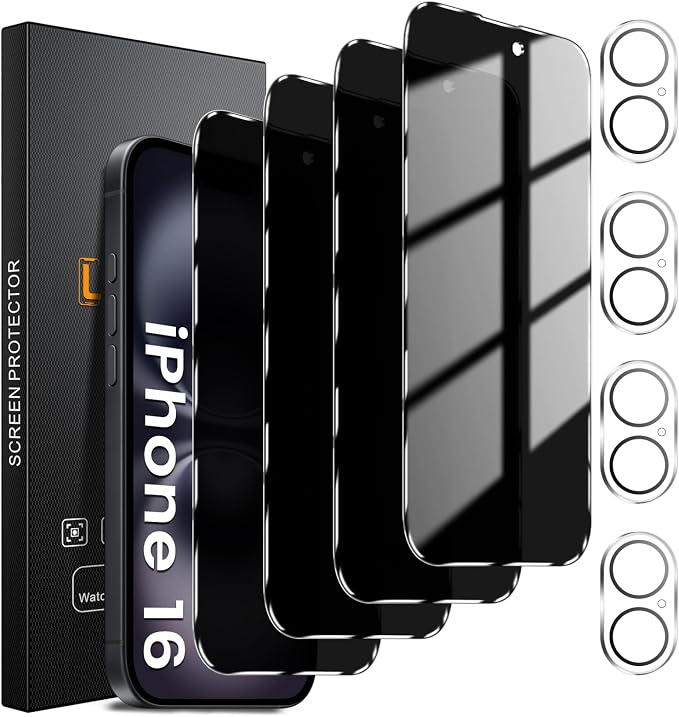 Lesakit 4+4 Pack Privacy Screen Protector for iPhone 16 6.1-Inch with 4 Pack Camera Lens Protector, Anti Spy Tempered Glass Film 9H Hardness Case Friendly
