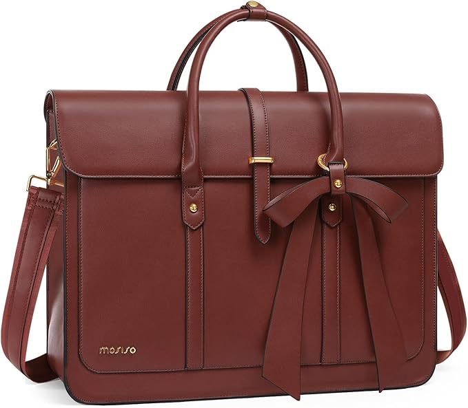 MOSISO Laptop Bag for Women, 15-15.6 inch PU Leather Laptop Shoulder Bags Convertible Backpack, 16 inch Messenger Bags Casual Handbag Work Briefcase Travel Computer Bag with Bowknot, Brown