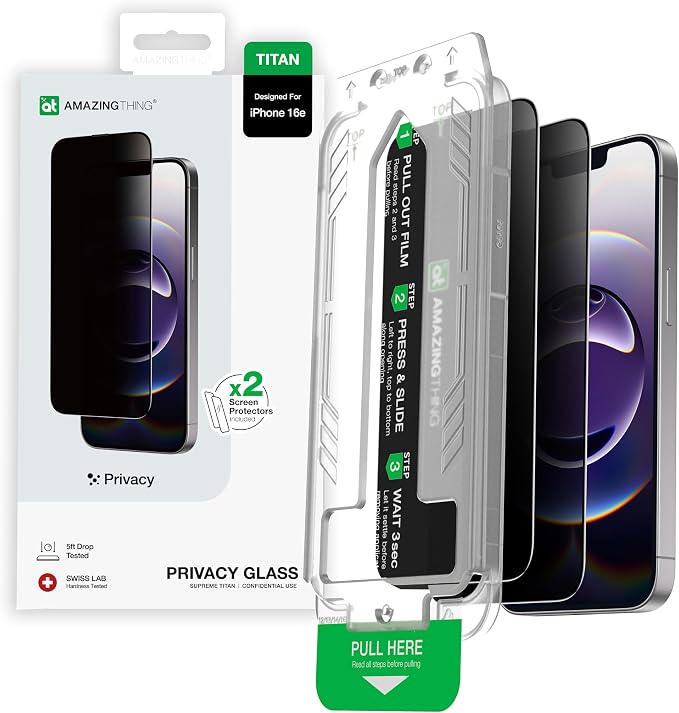 AMAZINGthing for iPhone 16e [Titan - Privacy] Screen Protector, Anti Spy, 9H Tempered Glass, Built-in Dust Filter Full Coverage, Case‑Friendly, Oleophobic, Bubble‑Free Application, 2 Pack