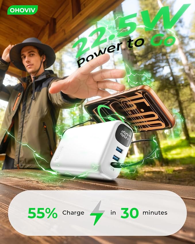 OHOVIV Portable Charger 50000mAh Power Bank - 22.5W Fast Charging External Battery Pack,USB-C Portable Phone Charger for iPhone 17/16/15/14/13 Pro Android Samsung, for Travel Camping Essential-White