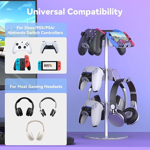 Controller Stand Compatible with Xbox PS5 PS4 Nintendo Switch Pro, 3 Tier Aluminum Gaming Headset Stand, Rotatable Headphone Controller Holder Organizer Rack, Universal & Large Capacity, Silver