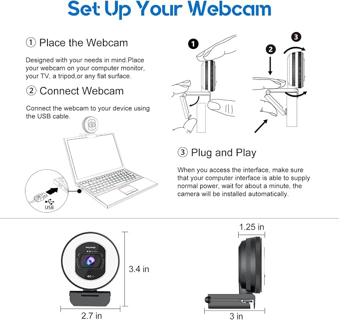 4K Webcam with Ring Light Web Cam 4K Autofocus with TOF Computer Camera 1080P 60FPS Web Camera Built-in Privacy Cover and Microphone Streaming Webcams for Zoom/Skype/Google Meet