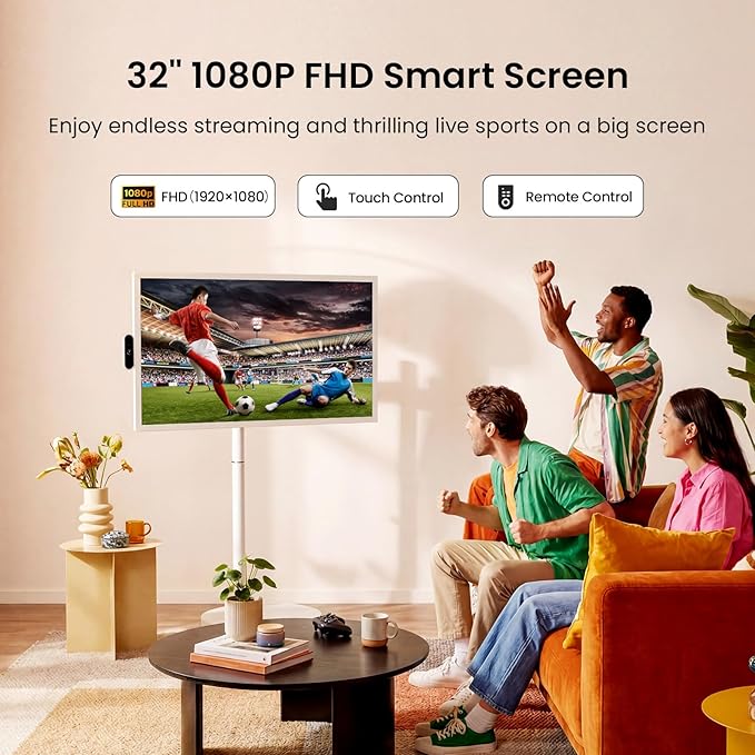 ApoloSign 32 Inch FHD Smart Portable TV 2nd Gen, 16(8+8) GB RAM+128GB, Android 16, EDLA-Certified, Rolling Tablet TV on Wheels, Built-in 15000mAh Battery, Full Swivel Rotation, Voice Remote Control