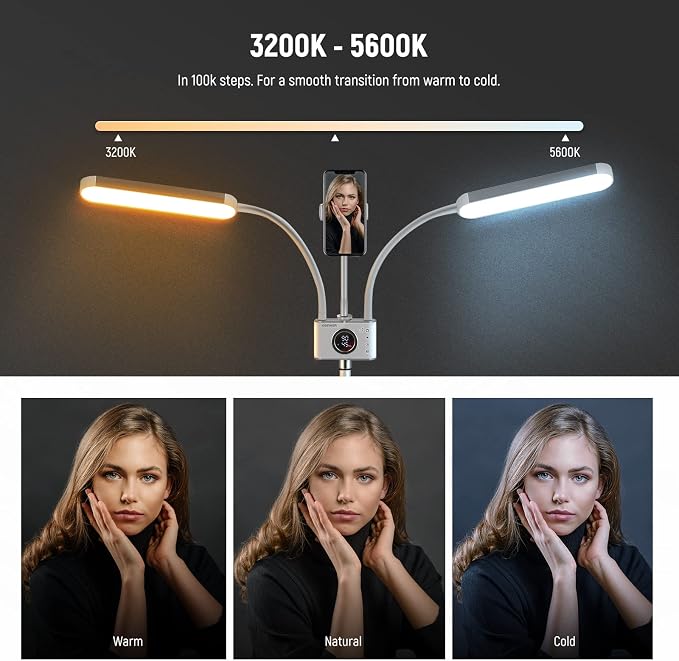 NEEWER Esthetician Light with Phone Holder & Travel Bag Kit, Support 2.4G/PC/MAC Control & Separate Control of 2 LED Light Heads, CRI98+ Bi Color Stepless Dimmable Tattoo Lighting Lash Lamp, BH40B