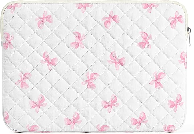 13-14 inch Cotton Quilted Laptop Sleeve for Women, Aesthetic Puffy Laptop Case Carrying Bag Compatible with MacBook Air/Pro 13/Pro 14, Soft Computer Liner Bag (Pink Bow, 13.3 inch)