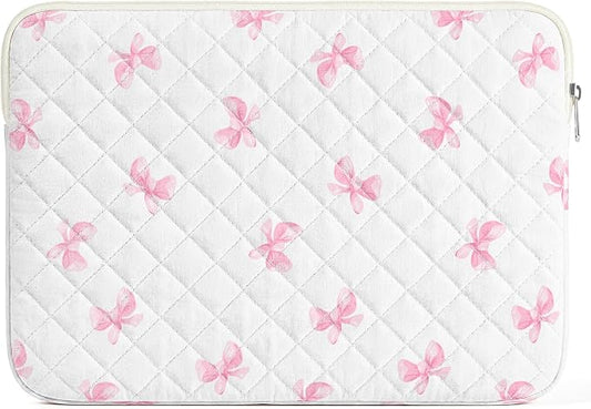 13-14 inch Cotton Quilted Laptop Sleeve for Women, Aesthetic Puffy Laptop Case Carrying Bag Compatible with MacBook Air/Pro 13/Pro 14, Soft Computer Liner Bag (Pink Bow, 13.3 inch)