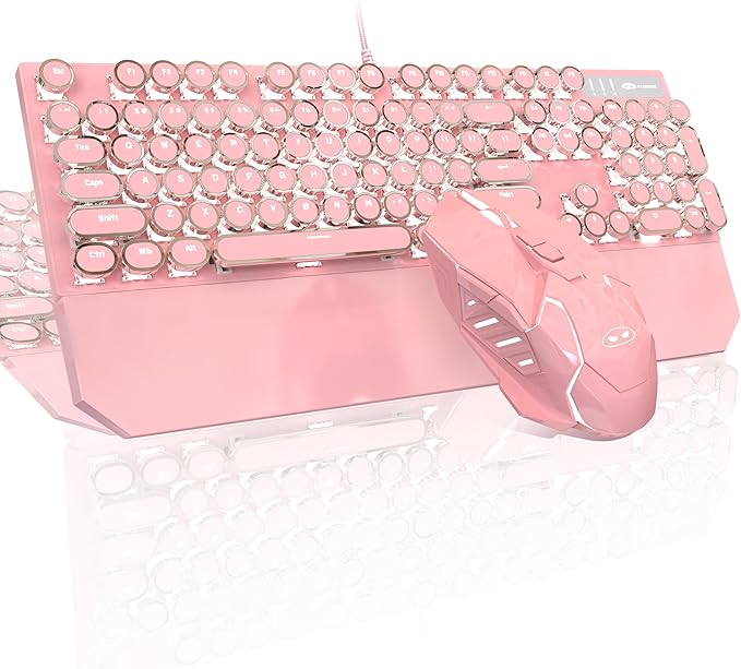 Typewriter Mechanical Gaming Keyboard and Mouse Combo, Retro Punk Round Keycaps RGB Rainbow Backlit Wired Keyboard for Game and Office, for Windows Laptop PC, Red Switches(Pink)