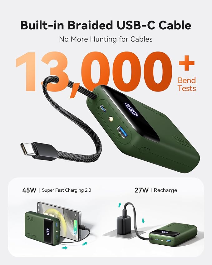 INIU 20000mAh Power Bank, Small 45W PD Fast Charging Portable Charger with Built-in USB C Cable, Flight-Safe Travel External Phone Battery Pack for iPhone 17 Pro Max Samsung S26 iPad etc, Green