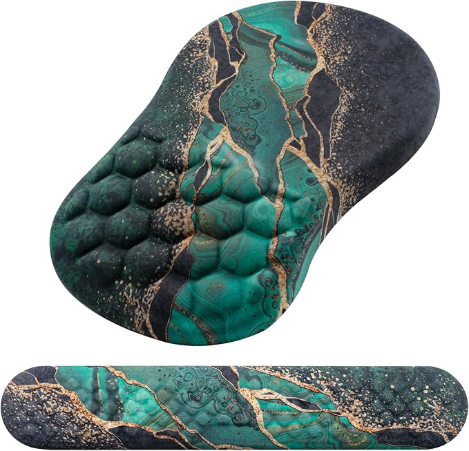 Mouse Pad Wrist Support, Laokiiy 2 in1 Keyboard Wrist Rest+ Ergonomic Mouse Pad, Non-Slip Wrist Rest for Computer Keyboard, Made Easy Typing & Relieve Wrist Pain（Green Gold Black Marble）
