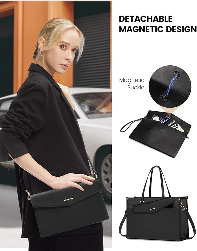 LOVEVOOK Laptop Tote Bag for Women, 15.6 inch 2-in-1 Professional Work Bag Business Briefcase with Clutch Purse, Waterproof Leather Computer Handbag for Teacher Office Travel