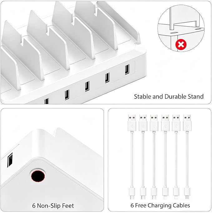 Charging Station for Multiple Devices, 6 Port USB Desktop Charger Dock Compatible with iPad, Samsung, Android, Tablet, Family Multi Phone Charging Organizer with Divider Holders, Fireproof ABS (White)