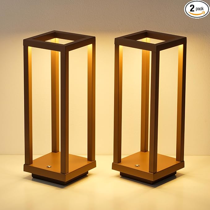 PUSU Cordless Waterproof Table Lamps Set of 2, Brown Outdoor Rechargeable 4000mAh Battery Operated Desk Lamp 2700K 3-Level Dimmable, Portable LED Lighting for Patio, Camping, Bedroom, Night Light