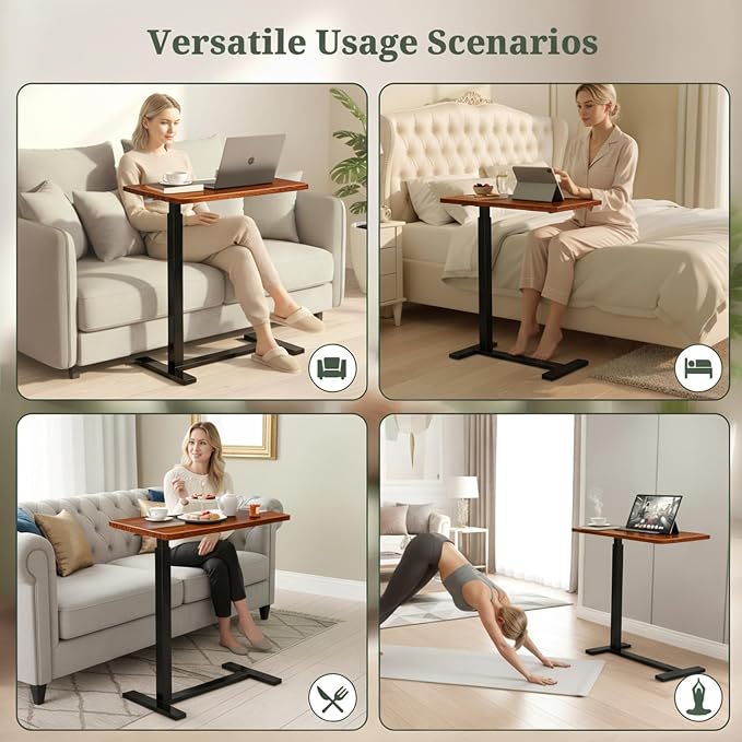 Mobile Standing Desk, Adjustable Height Desk with Hidden Casters, Portable Laptop Computer Table with Rolling Wheels, for Sit Stand Workstation, Compact and Sturdy for Home, Office, Dorm, Brown