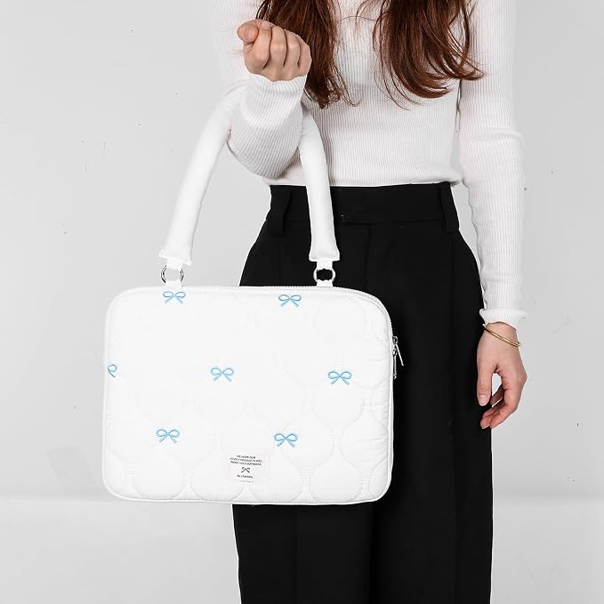 Cute Bow Laptop Case Coquette 13-15 Inch Puffy Laptop Sleeve Accessories Aesthetic Quilted Computer Bag for MacBook (White 1, 13-14inch)