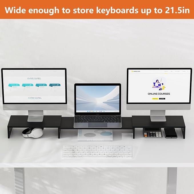 Triple Monitor Stand Riser, Extra Long Monitor Riser for 1~2~3 Monitors, Dual Monitor Stand with Length and Angle Adjustable, 3 Shelf Monitor Stand for Desk