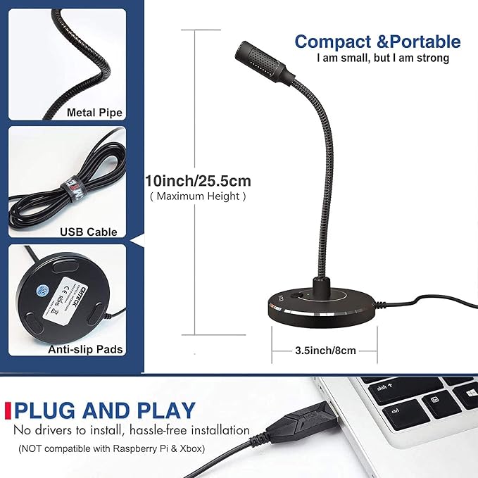 CMTECK USB Computer Microphone G009, Noise-Cancelling Recording Desktop Mic for PC/Laptop for Online Chatting, Home Studio, Podcasting, Gaming, Skype, YouTube with Mute Function(Windows/Mac)
