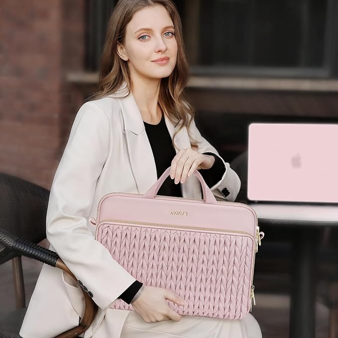 MOSISO 13.3 inch Laptop Shoulder Bag for Women, 13-14 inch Computer Bags Compatible with MacBook Neo 13/Air 13.6/13/Pro 13/14,HP Dell Lenovo ASUS, Wheat Ear Quilted Laptop Bag with Handle&Pocket, Pink