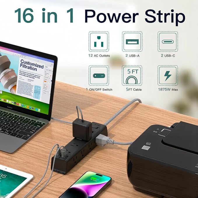 Addtam Black Power Strip Surge Protector with 12 AC Outlets & 4 USB Ports, 5FT Extension Cord, Flat Plug Wall Mount, 1050J, Desk Charging Station for Home Office Gaming Setup, ETL Listed