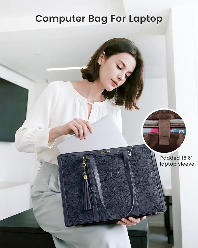 LOVEVOOK 17.3 Inch Work Tote Bag for Women,Leather Vintage Laptop Computer Bag Large Capacity with Clutch Purse for Teacher,Office,Casual