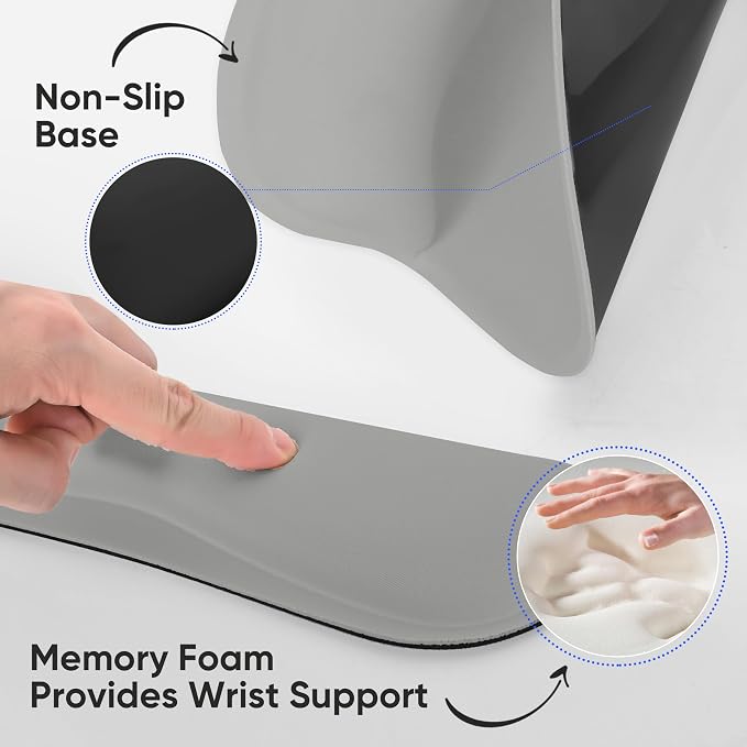 RICHEN Wrist Rest Support for Mouse Pad&Keyboard Set with Coaster,Concave Curved Memory Foam, Non-Slip Base Pain Relief Comfortable Easy Typing Pad for Home/Office (Light Gray)