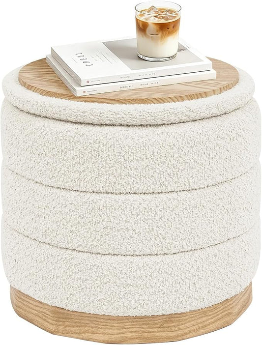 B FSOBEIIALEO Round Storage Ottoman with Tray, Folding Ottoman with Storage Coffee Table Foot Rest for Dorm Room Living Room Chenille Fabric,White,15.35"x15.35"x14.57"