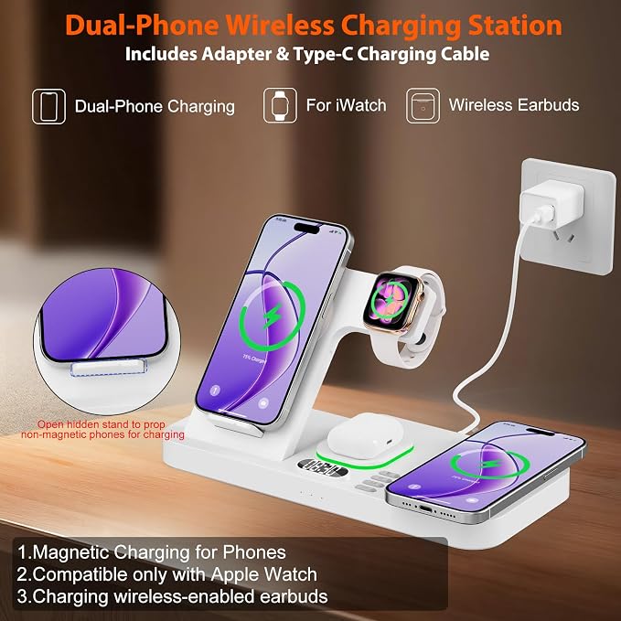 Dual Phone Magnetic Wireless Charging Station for Apple Devices/Apple Ecosystem, 7-Color Auto Light & 12H Clock, Multi-Device Charger for iPhone 17/16/15, for iWatch 11/10/9 & AirPods Pro3(White