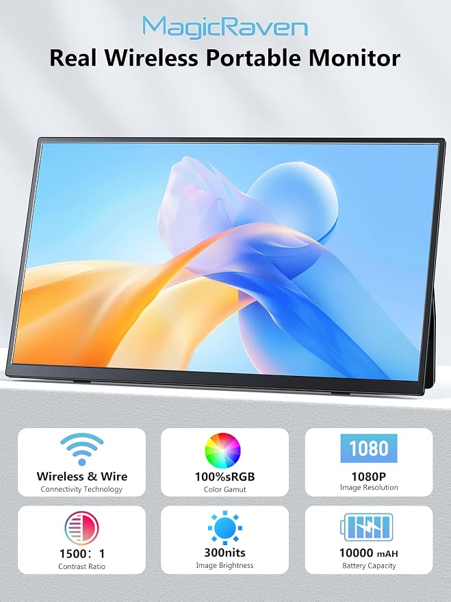 MAGICRAVEN Wireless Portable Monitor for Laptop, 23.8" Portable Monitor with Battery-1080P FHD Second Screen for Home & Office, AirPlay & Miracast Casting, No Cables or Drivers Needed