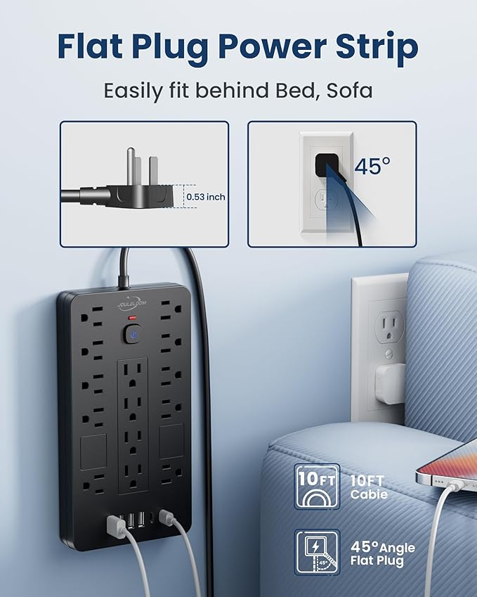 JouleLoom 2 Pack Surge Protector Power Strip-14 Outlets and 6 USB Ports, 6 Feet Flat Plug Extension Cord, 1850 Joules, Black, ETL Listed for Home, Office, Dorm Room
