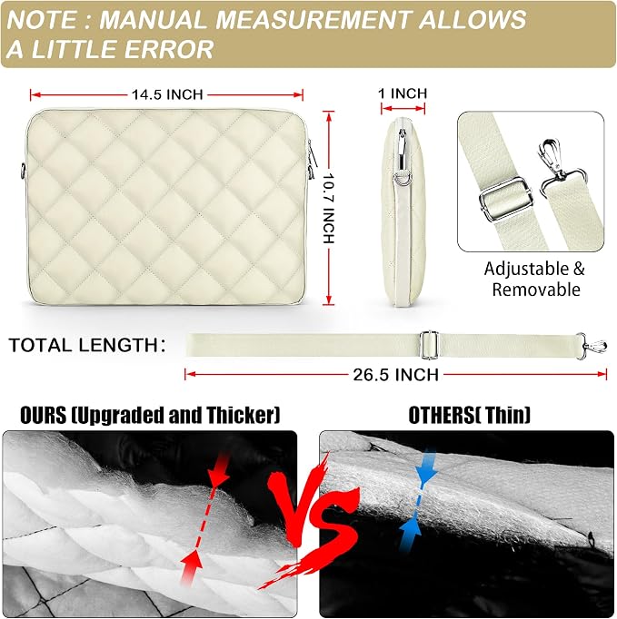 Puffy Quilted Laptop Sleeve with a Removable Shoulder Strap Compatible with MacBook Air/Pro, 13-13.3 inch Notebook, Compatible with MacBook Pro 14 inch M3 M2 M1 Chip 2023-2021