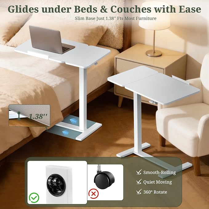 Mobile Standing Desk with Hidden Casters, Adjustable Height Desk, Portable Laptop Computer Table with Tilting Top, for Sit Stand Workstation, Compact and Sturdy for Home, Office, Dorm, White