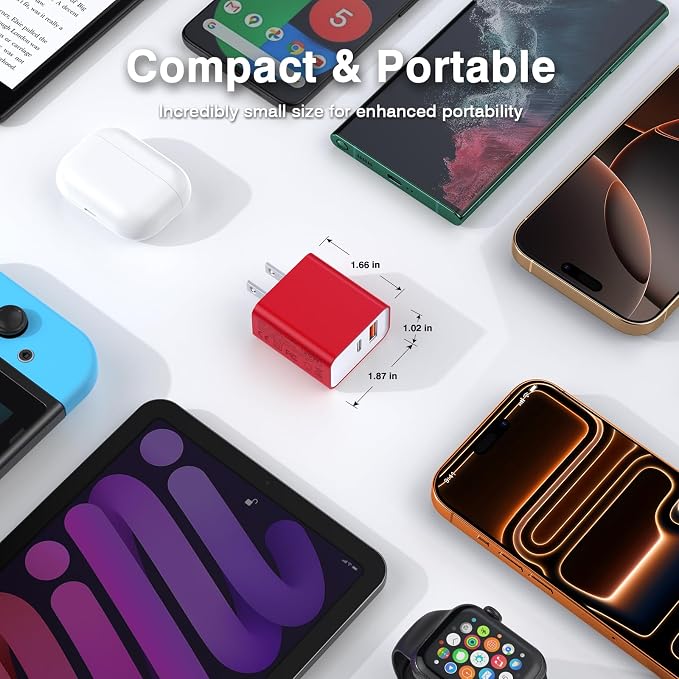 2Pieces USB C Wall Charging Block, 20W 2Port Fast USBC PD3.0 Power Adapter Type C Charger Brick Cube Plug for iPhone 13 14 15 16 17 Pro Max Mini 11 XS X 8, iPad, Samsung, Google, Tablet, Android, Red