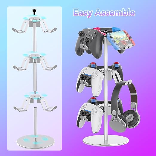 Controller Stand Compatible with Xbox PS5 PS4 Nintendo Switch Pro, 3 Tier Aluminum Gaming Headset Stand, Rotatable Headphone Controller Holder Organizer Rack, Universal & Large Capacity, Silver